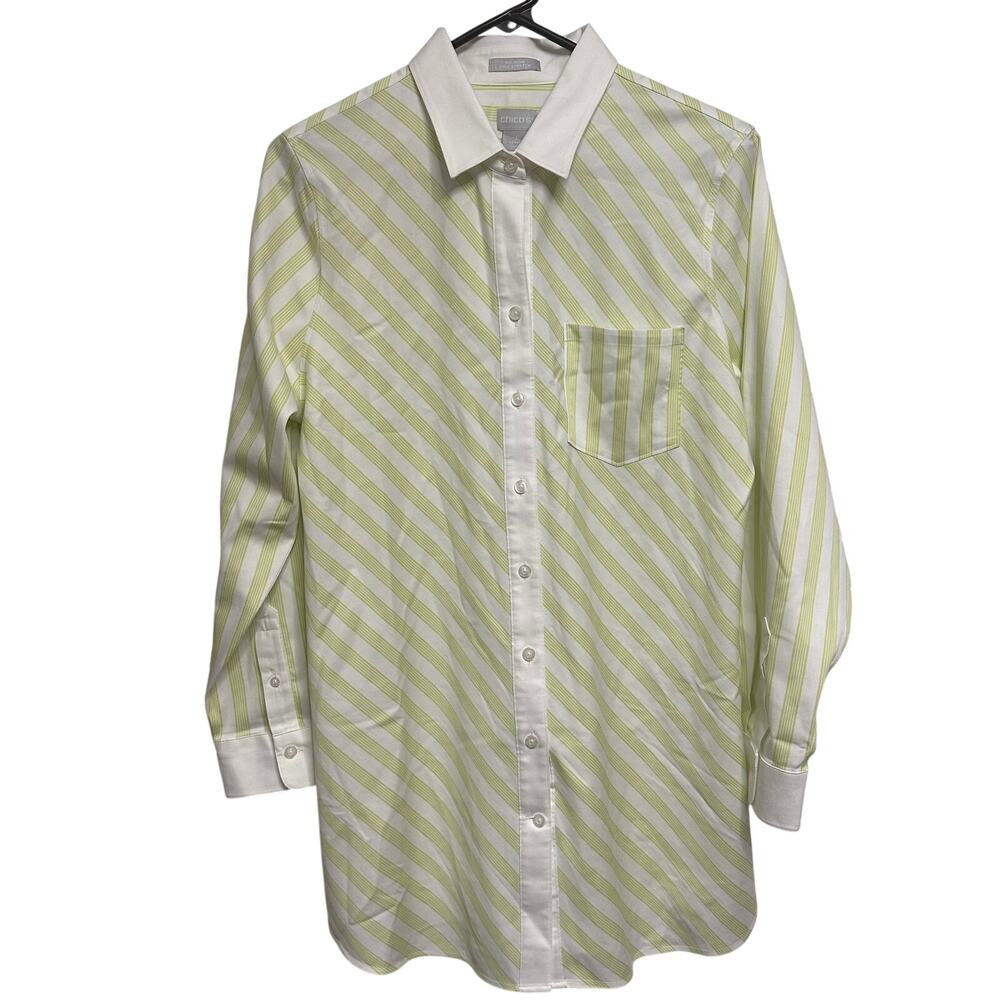 Chico's Sz 1 US 8 M No Iron Stretch Tunic Top in Apple Mint Striped Chevron 70's